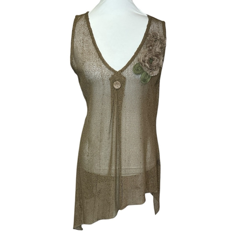 Asymmetrical Hem Open Weave Top with Floral Accent
